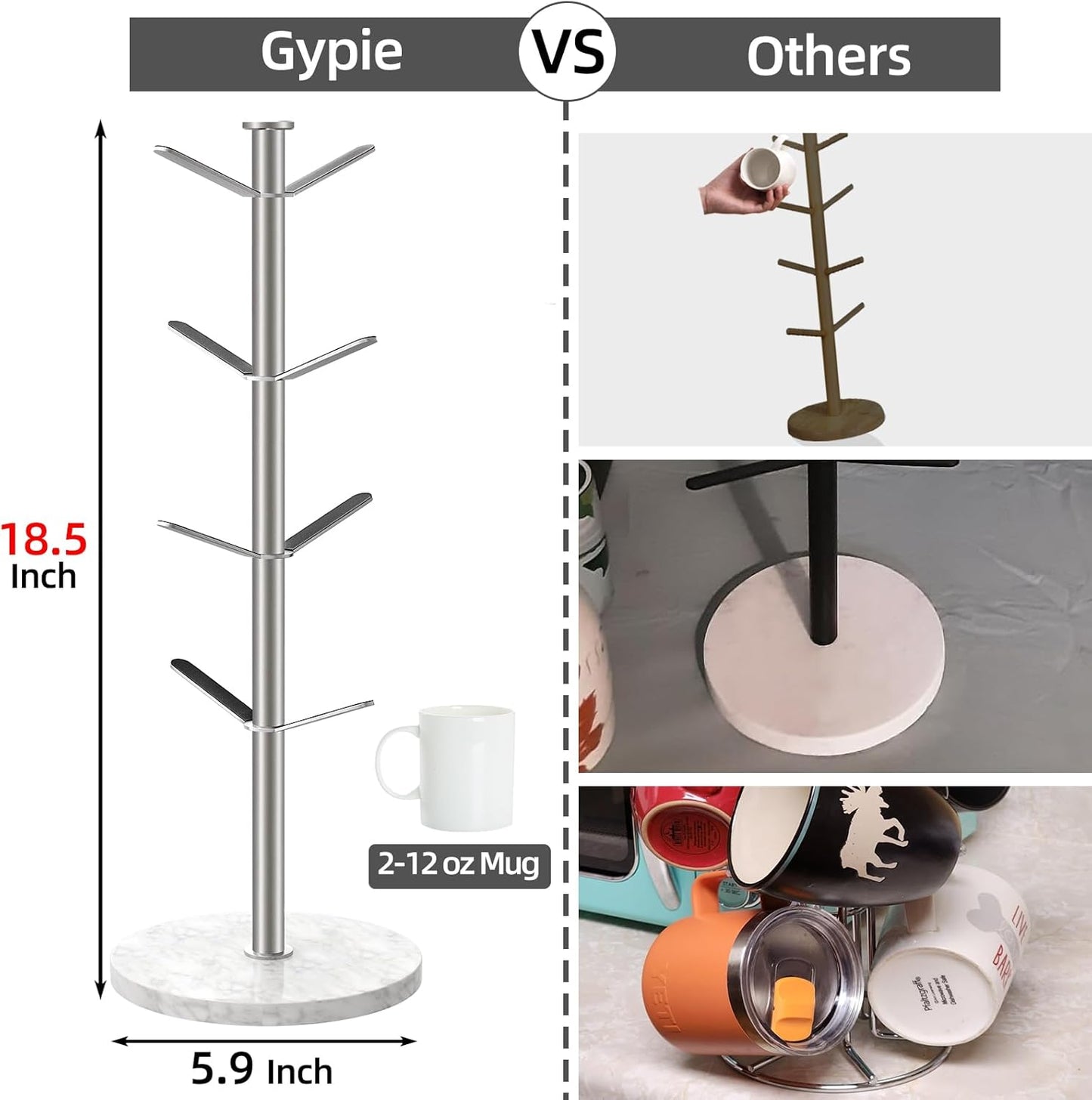 Marble Mug Holder Tree, 8 Hooks Brushed Nickel Coffee Cups Stand, New Upgraded Stable Mug Stand for Kitchen Counter Cabinet Cafe