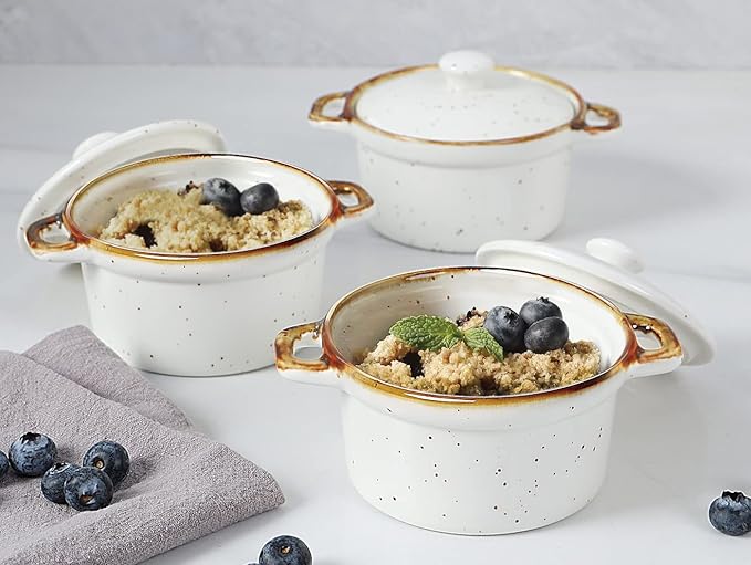 ONEMORE Ramekins with Lids, 6 oz Oven Safe Ceramic Mini Casserole Dish with Lid & Brown Rim for French Onion Soup, Speckled Mini Dutch Oven Cocotte Set of 4 for Individual Serving, Creamy White