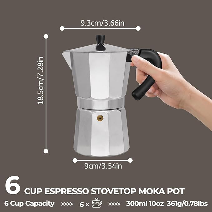 Aluminum 6 Cup 300ml Moka Pot Express Coffee Maker Stovetop Espresso Percolator Coffeemaker Italian Classic Style Brewing Greca Cafe Mocha Machine for Cafeteras Lover Camping Travel and Home Use 10oz