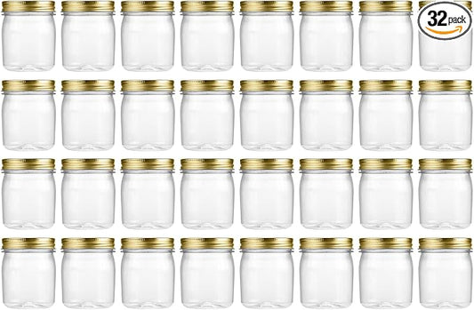 novelinks 8 oz Clear Plastic Jars with Airtight Lids, 32 Pack Plastic Mason Jars with Lids 8oz, Refillable Storage Slime Containers & Small Spice Jar for Kitchen Organization (32 Pack,Gold)
