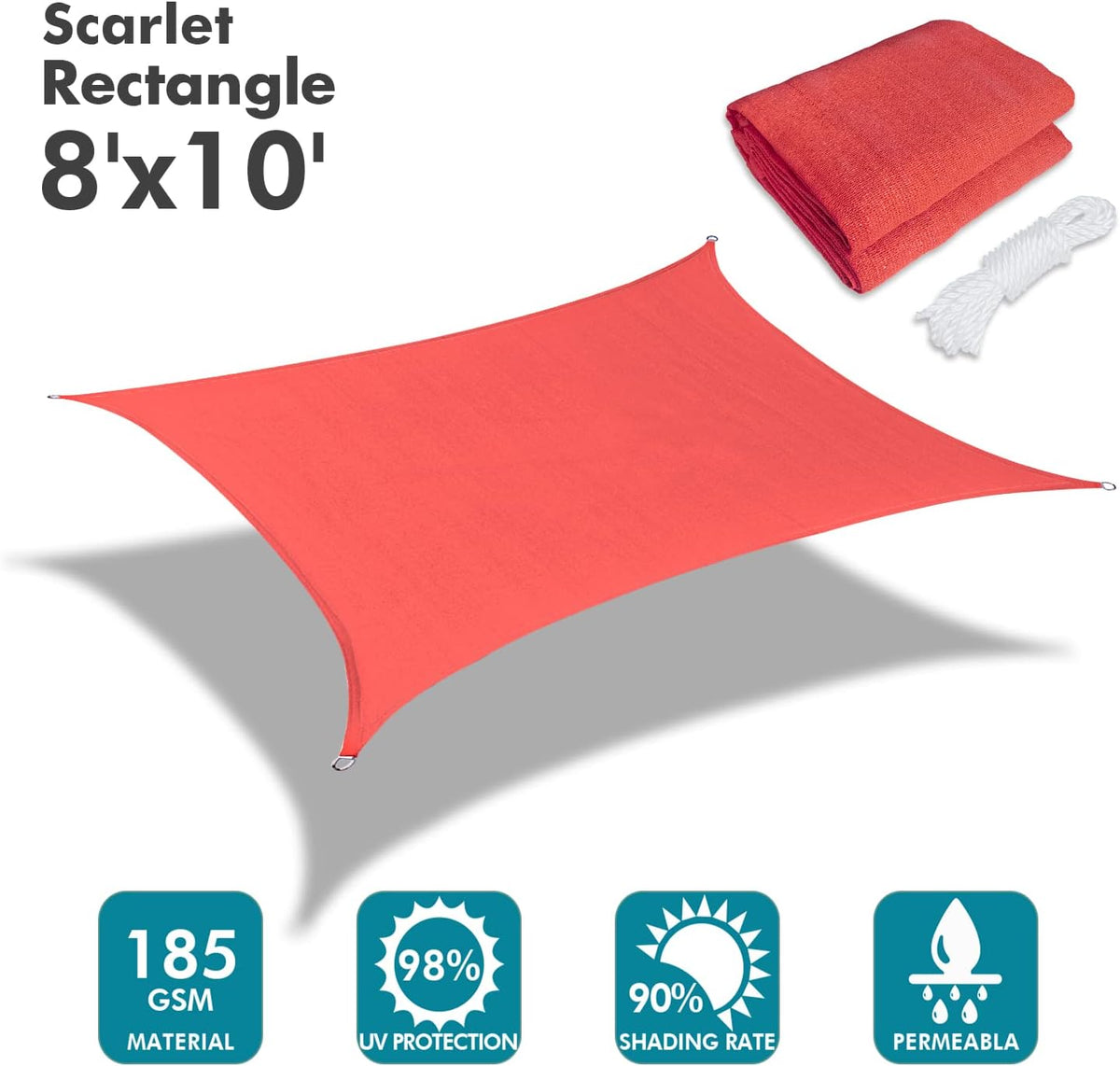 KANAGAWA Sun Shade Sail 8'x10' Scarlet Rectangle UV Block Canopy Awning Shelter Fabric Cloth Screen for Outdoor Patio Garden Backyard