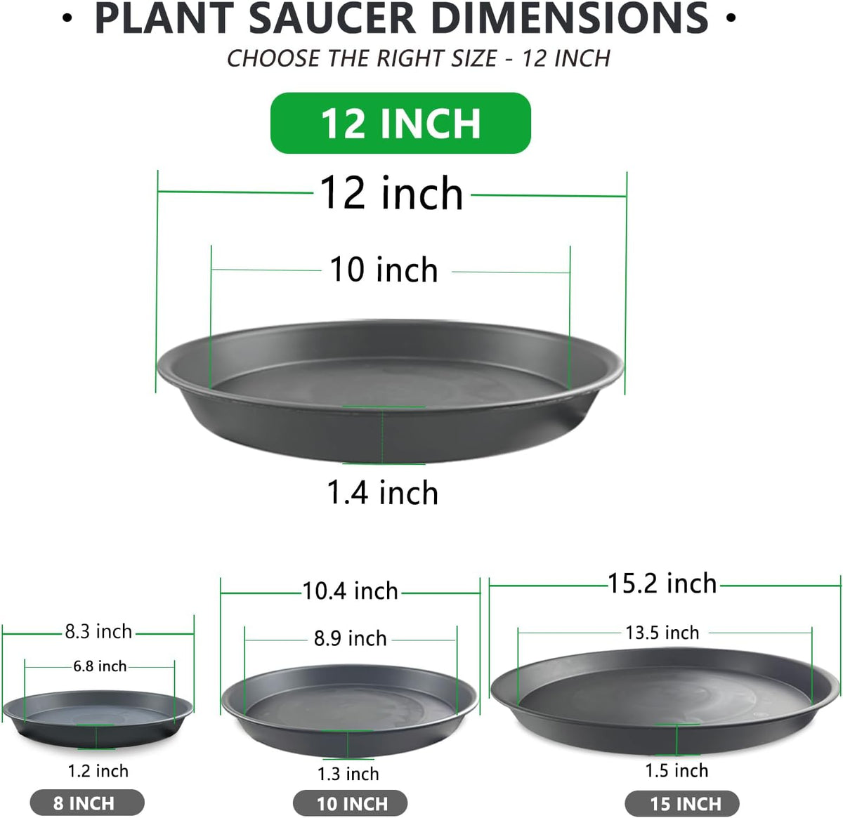 6 Pack 12 Inch Large Gray Plant Saucer Trays, Durable Heavy Duty Plastic PP Planter Bases, Round Water Catcher Plates and Drip Trays for Indoor Outdoor Gardening