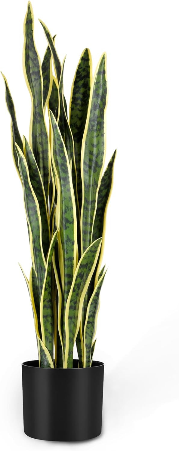 KOL 3ft Artificial Snake Plant, Fake Sansevieria Potted Floor Plants, 32 Lifelike Faux Leaves, Indoor Home Office Room Decoration, Mother-in-Law Tongue, 35in, Yellow