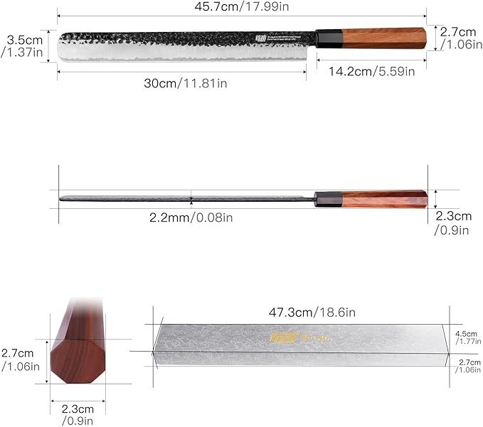 FINDKING Brisket Slicing Knife 12 Inch, Carving Knife for Meat, BBQ, Roasts, Turkey and Ham, High Carbon Steel Blade, African Rosewood Octagonal Handle, Dynasty Series