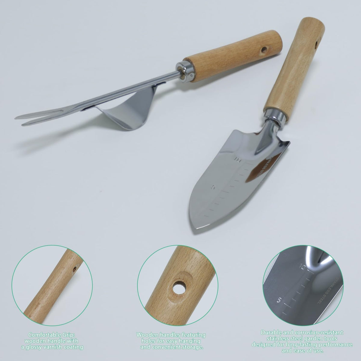 LeMotech Garden Tool Set, 2Pcs Gardening Hand Tools, Stainless Steel Transplant Shovel and Weeder with Handle, Outdoor Gardening Kit for Women Men