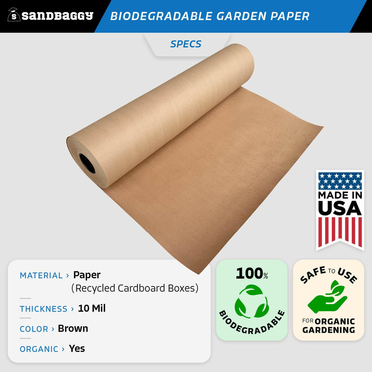Sandbaggy Biodegradable Landscape Fabric - Garden Paper for Weeds - Paper Mulch Rolls - Made in America (5 ft x 475 ft, 10)