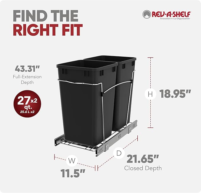 Rev-A-Shelf Pullout Trash Cans for Kitchen Cabinets 27 Qt Garbage Waste Recycling Bin with Full Extension Slides, Black, RV-15KD-18C S