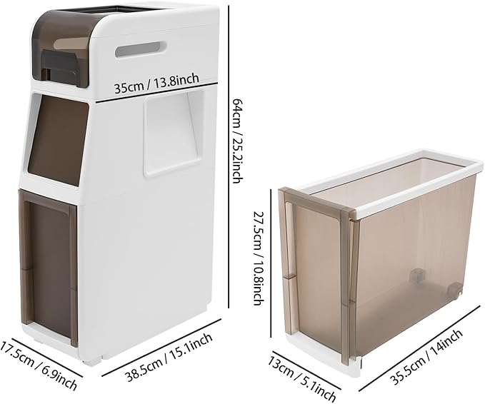 Slim Waterproof Narrow Bathroom Cabinet with Trash Bin Compact Design with Drawers and Toilet Paper Holder Movable Bathroom Organizers for Small Spaces (3Tier/25.2in H)