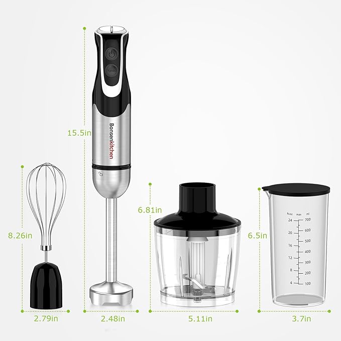 Bonsenkitchen 4-in-1 Immersion Blender Handheld with Food Processor, 12 Speeds Hand Blender with Turbo Mode, Stainless Steel Blade, Egg Whisk, Beaker & Chopper Bowl, Stick Mixer for Smoothie, Puree