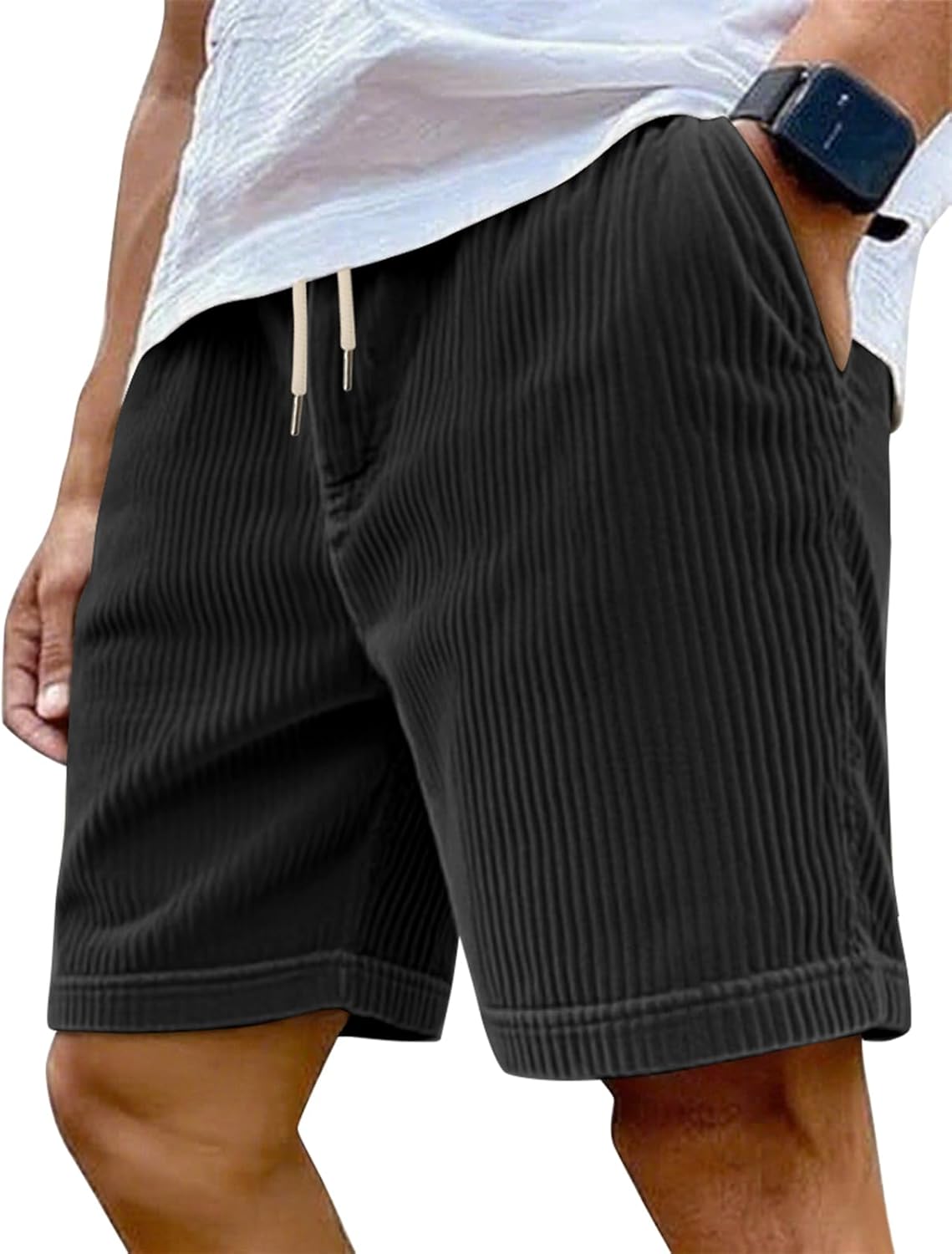 Mens Cargo Shorts Casual Drawstring Elastic Waist Corduroy Summer Beach Shorts with Pockets