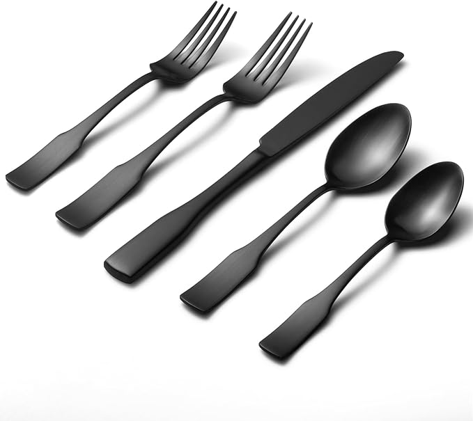 Alata Kate Black Satin 40-Piece Silverware Set, Service for 8, Stainless Steel Flatware Set, Matte Polished Cutlery Set, Dishwasher Safe