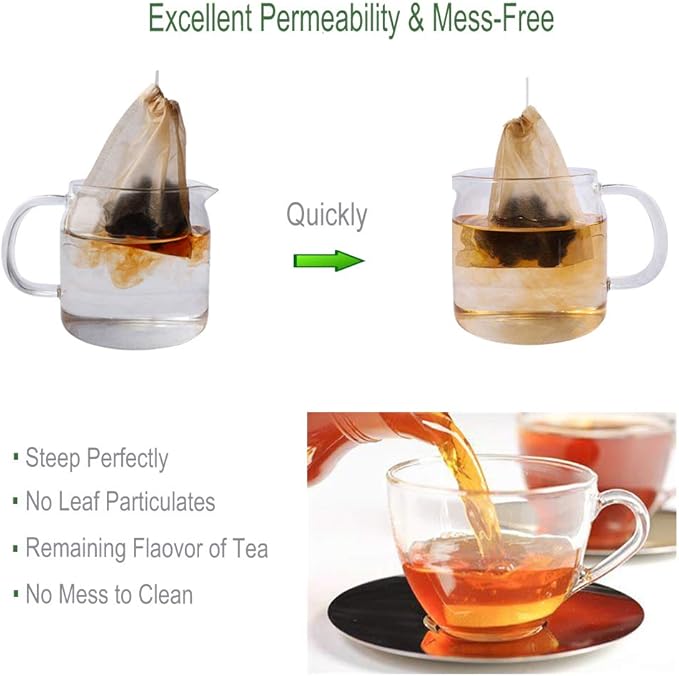 Aksuaple Eco-Fil Disposable Tea Filter Bags for Loose Tea, Wood Pulp Material, Biodegradable and Compostable, Unbleached Empty Tea Infuser Sachets with Drawstring, 100 Pack (3.2inch x 4.0inch)