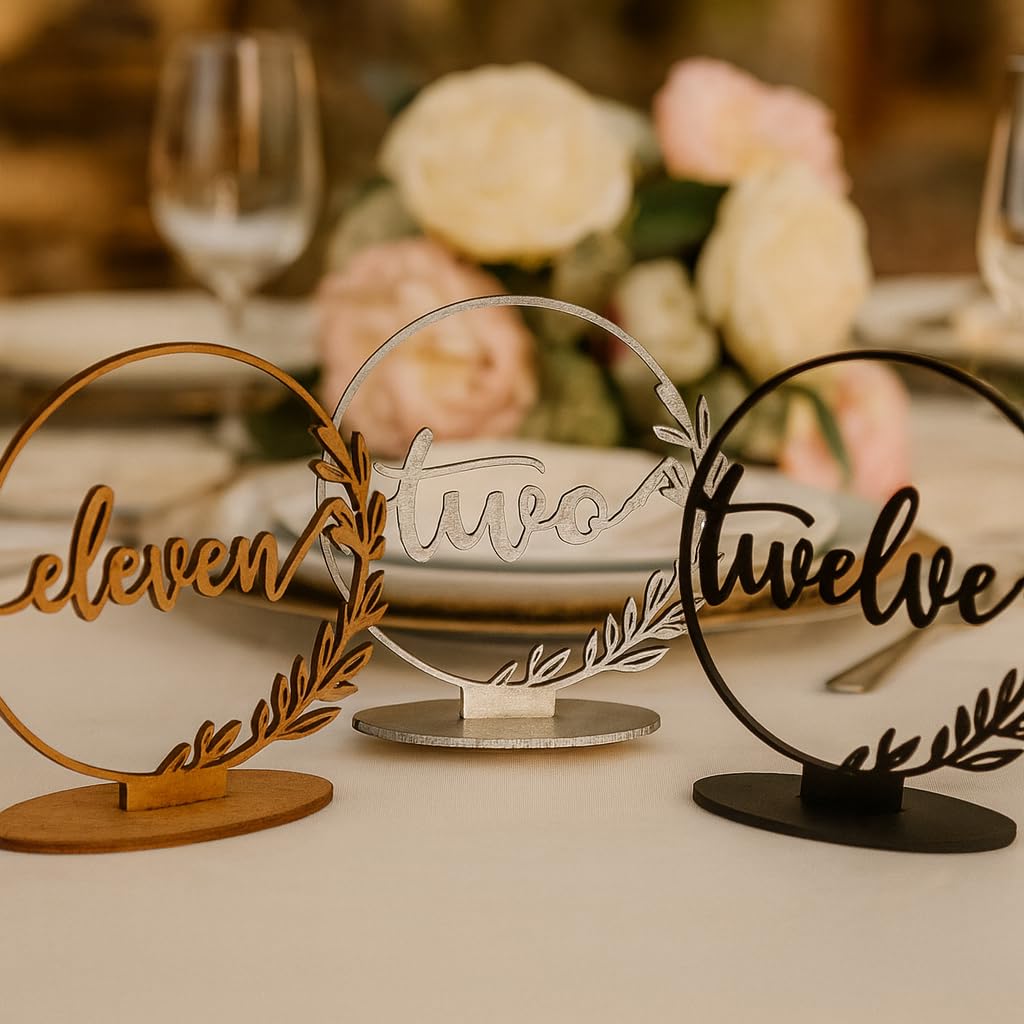 Wedding & Event Table Number Sign – Rustic Floral Circle Numbers, Wooden Seating Decor for Receptions, Parties, Banquets – Gold, Rose Gold, Silver & Black
