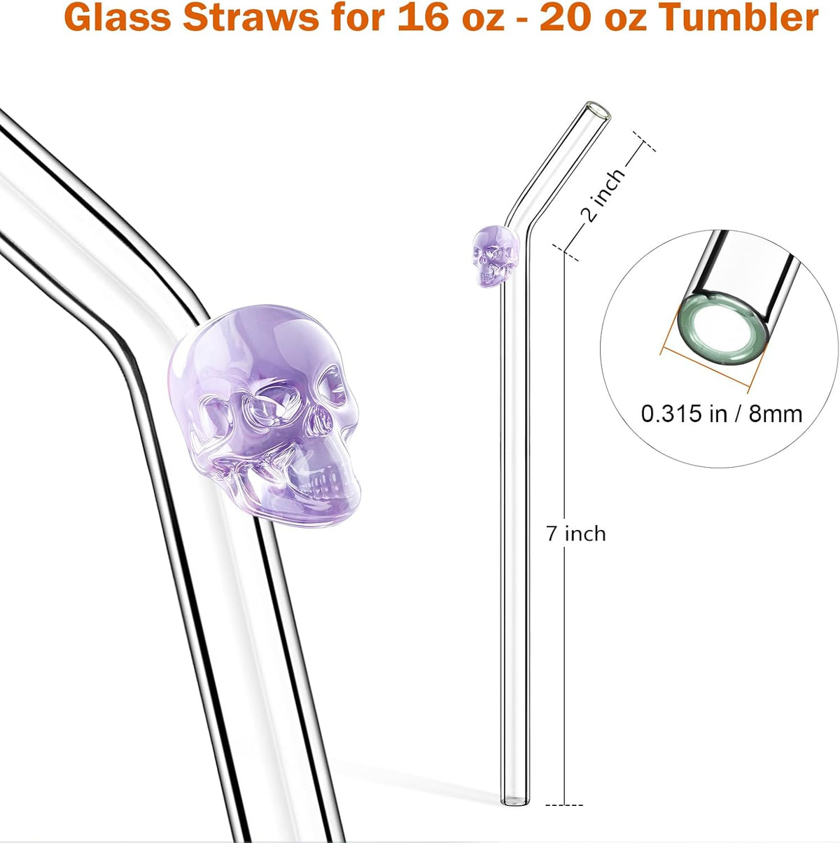 Fun Halloween Glass Straws with Charms Cute - Clear Straws Reusable: Royal Purple Limited Edition Bent 8mm 9 inch Borosilicate Set, BPA Free for Hot & Cold Drinks, Fits 16oz & 20oz Tumblers