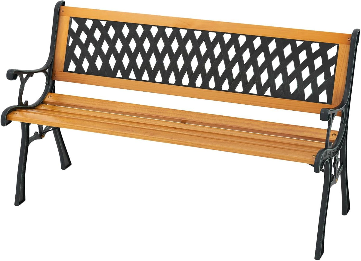 Giantex 49.5" 3-Person Outdoor Bench with Lattice Pattern Backrest, 470 Lbs Capacity, Slatted Seat, Curved Armrests, Cast Iron Metal Bench for Garden, Outside, Patio, Porch, Yard, Park