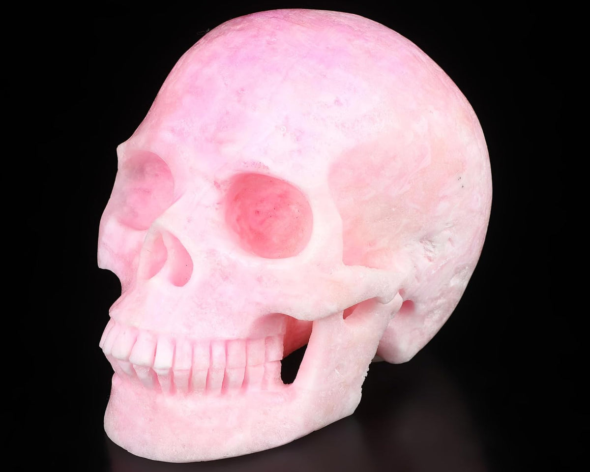 Skullis 5.1" Pink Aragonite Crystal Skull, Hand Carved Gemstone Fine Art Sculpture, Reiki Healing Stone Statue.1469