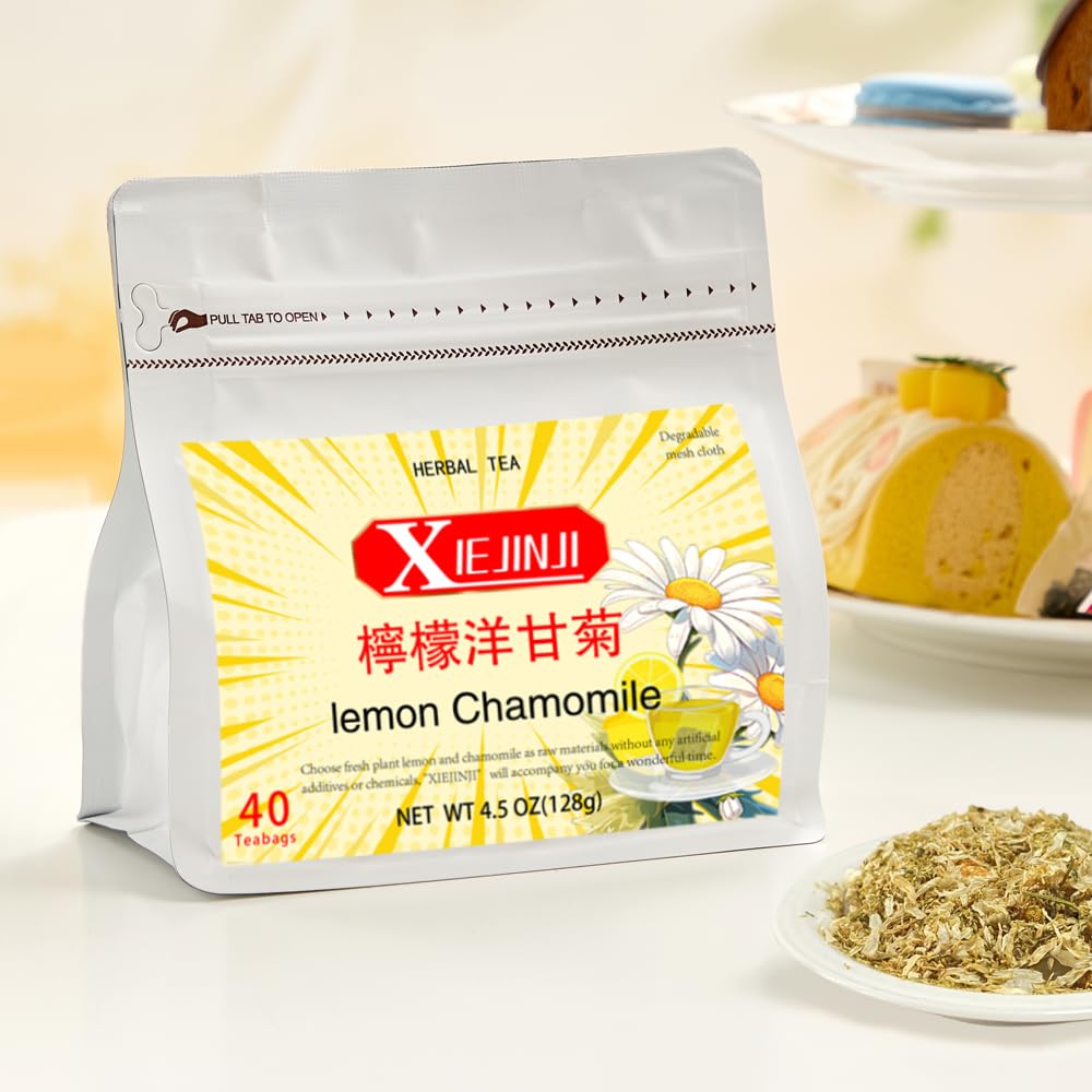 XIEJINJI Lemon Chamomile Tea - 40 Tea Bags, Caffeine-Free Herbal Tea, Zesty Citrus & Soothing Floral Notes, Eco-Conscious Packaging, Hot or Iced