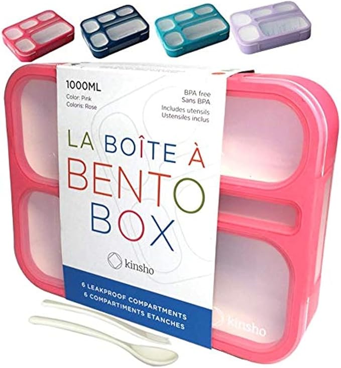 kinsho Bento-Box Lunch-Box Containers for Kids Girls Toddler Women, 6 Compartment Portion Container Kit, Meal Or Snack Boxes for School Daycare Travel, Bpa-Free Pink