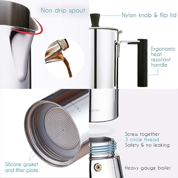 Easyworkz Pedro Stovetop Espresso Maker 4Cup 200ml, Bundled Espresso Steaming Pitcher Stainless Steel 12 oz Coffee Frothing Picther Milk Jug Cappuccino Latte Art Cup