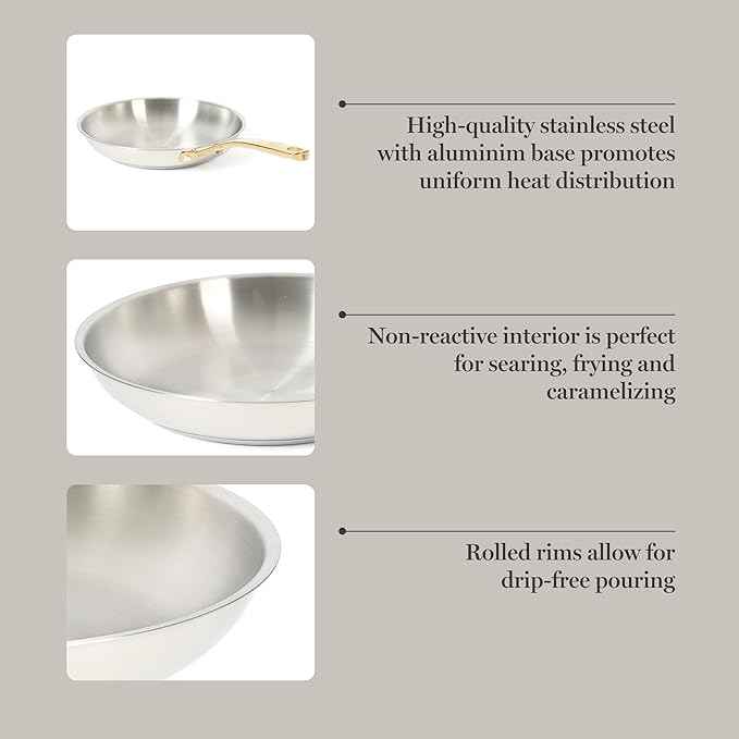 Martha Stewart Castelle 9.5-Inch Stainless Steel Frying Pan with Gold-Tone Handle – Tri-Ply Encapsulated Bottom, Oven Safe & Induction Safe Skillet for Searing and Sautéing