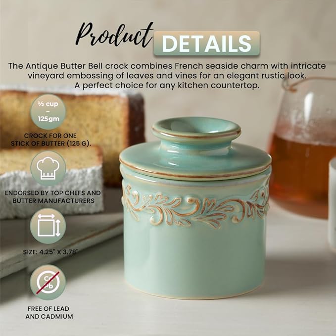 Butter Bell - The Original Butter Bell crock by L Tremain, a Countertop French Ceramic Butter Dish Keeper for Spreadable Butter, Antique Collection, Sea Spray