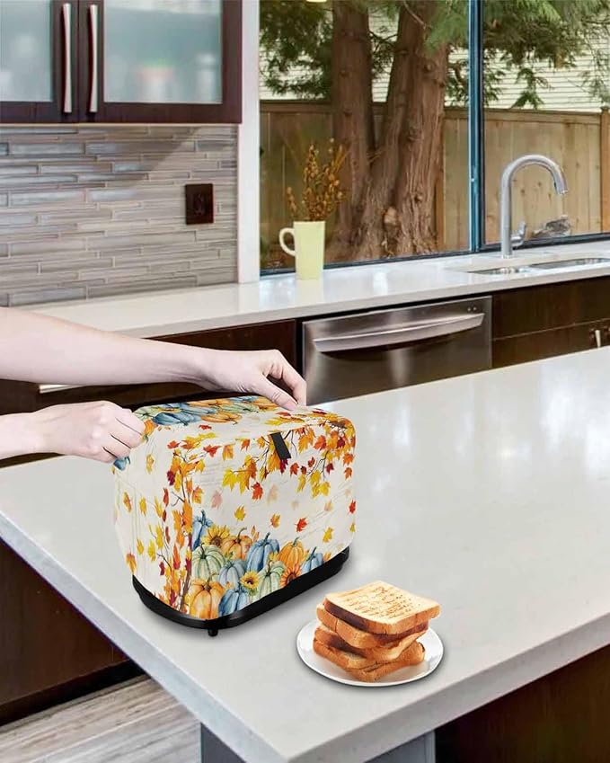 Thanksgiving Fall Toaster Cover 2 Slice, Blue Green Orange Pumpkins Dustproof Bakeware Oven Protector with Top Hook, Maple Leaf Waterproof Small Kitchen Appliance Toasters Dust Cover, 11"x6"x8"