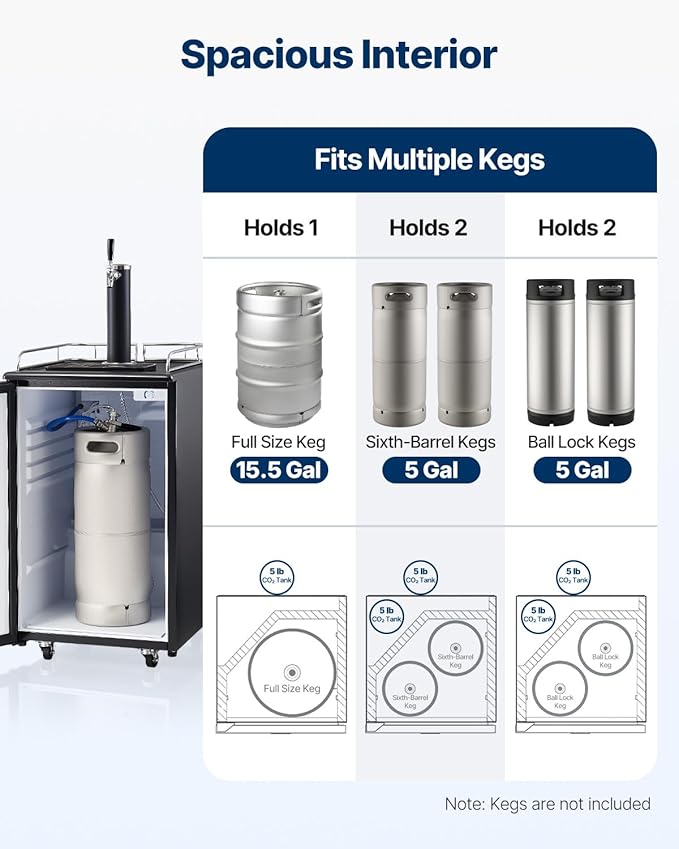 VEVOR Beer Kegerator, Single Tap Commercial Draft Beer Dispenser for D system, Full Size Keg Refrigerator with 5lbs CO2 Tank, Hold 2 Sixth / 2 Ball lock keg, Black
