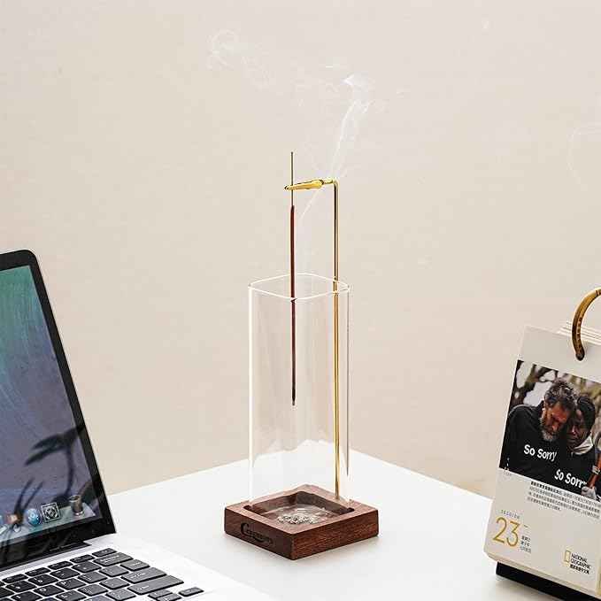 Ceremony Incense Holder, Wooden Incense Holder for Sticks with Glass Ash Catcher, Anti-ash Incense Burner with 20 Incense Sticks and a Ash Brush for Meditation Yoga Spa Room Decor