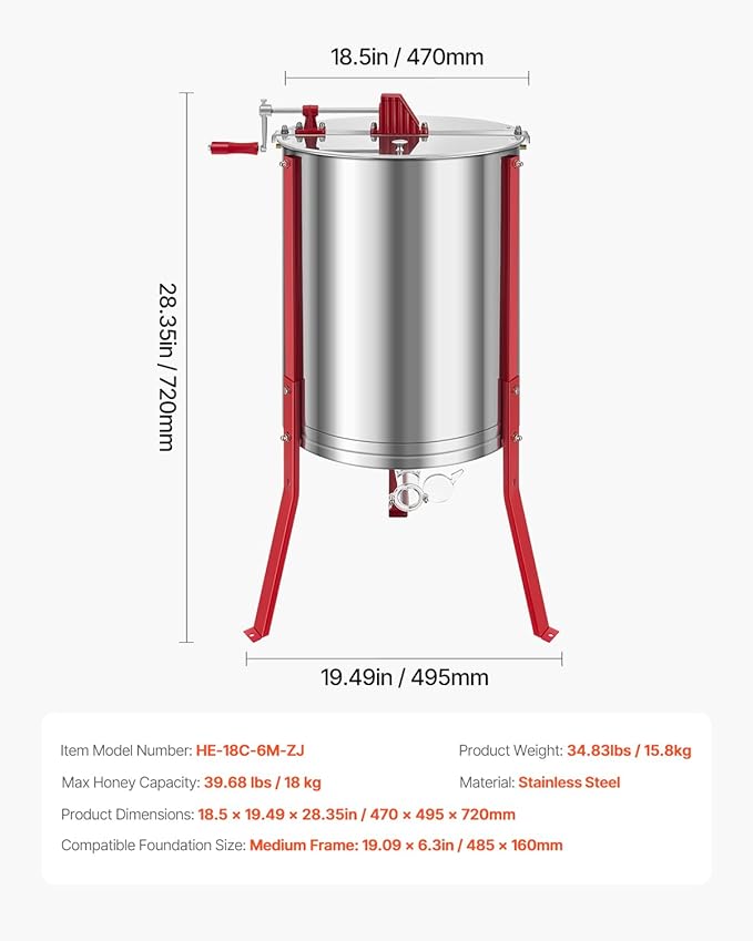 VEVOR Honey Extractor, 6 Frame Manual Honey Extractor with Transparent Lid, Honeycomb Drum Spinner with Height Adjustable Stand, Honeycomb Extraction Centrifuge Equipment for Beekeeping
