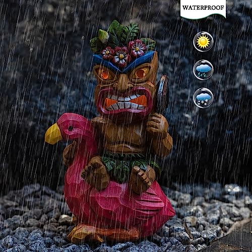 Solar Tiki Garden Statue Outdoor Decor with Flamingo Waterproof for Tiki Bar