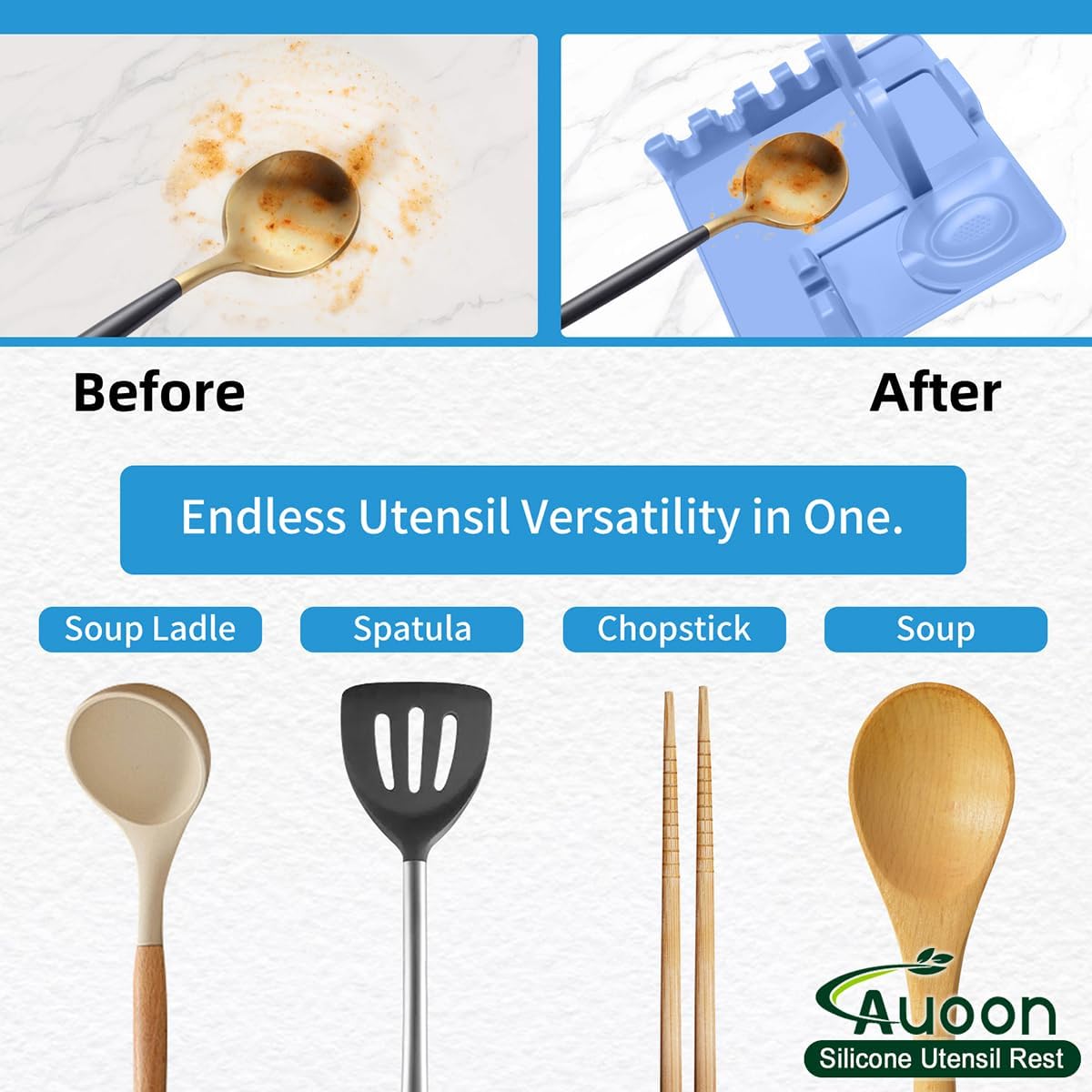 AUOON Spoon Holder for Stove - Silicone Spoon and Lid Rest with Drip Pad Kitchen Utensil Rest for Spoons, Ladles, Spatulas, Tongs & More (Blue Velvet, Large)