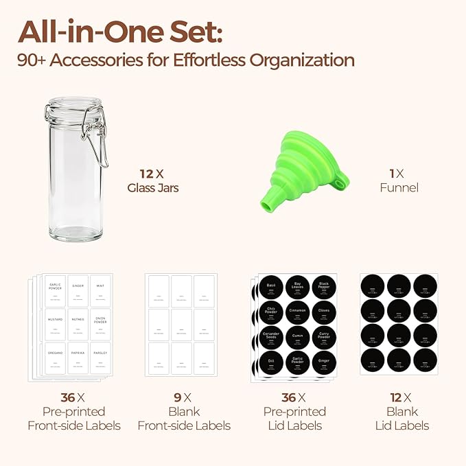 ComSaf 12 Pack 4 oz Glass Spice Jars with Airtight Swing Top Lids, Small Clear Containers for Pantry Organization, Herb Storage, DIY Crafts & Gifts - Complete Set Includes Funnel & Spice Labels