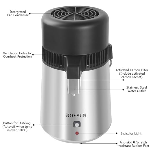 ROVSUN【Upgraded】 1.1 Gallon/4L Countertop Water Distiller Stainless Steel for Home, 750W Distilled Water Machine Maker Water Distillers with Glass Container, 1L/H, Silver