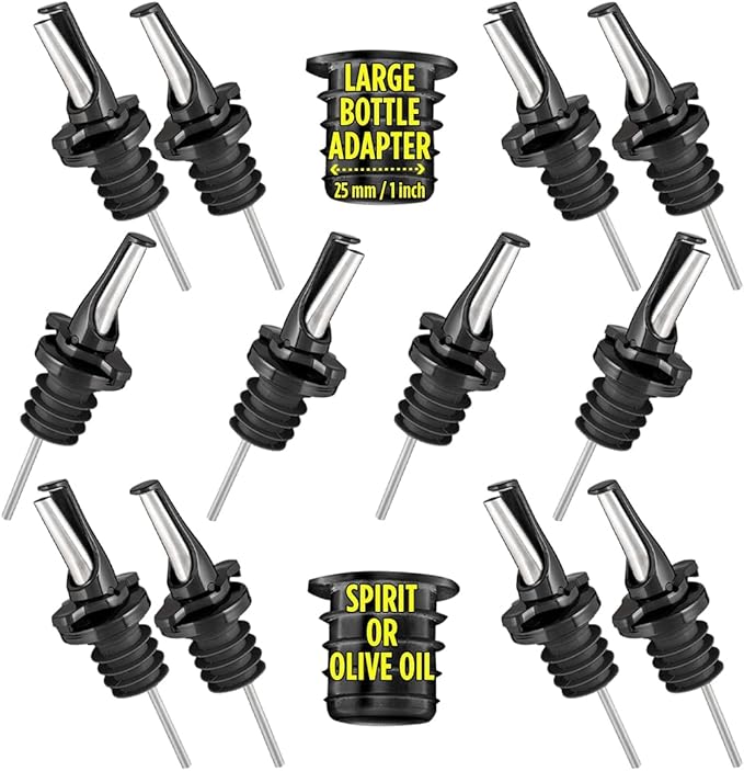 3-in-1 Liquor Pour spout with Built-in Fruit Fly Protection - Dishwasher Safe Hygienic Alcohol Speed Spouts - Also for Olive Oil, Juice, Syrup. Black 12 Pack with 2 Adapters for Large Neck Bottles