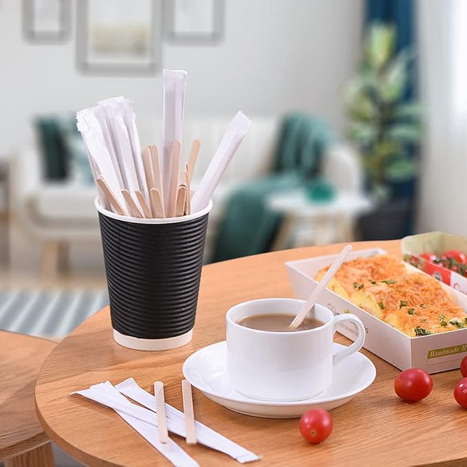 MFJUNS 1000pcs Individually Wrapped Coffee Stirrers Wood - 5.5" Coffee Stir Sticks, Round End Disposable coffee stirrer, For Coffee, Cocktail and Hot Drinks
