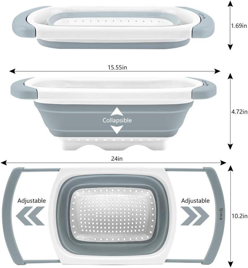Qimh Collapsible Colander | Over The Sink Silicone Kitchen Strainers and Colanders with Extendable Handles | Veggies, Fruit and Pasta Foldable Strainer for Kitchen, 6-Quart, BPA Free