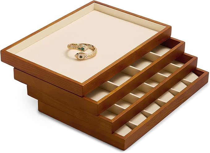 Oirlv 8 Line Wood Ring Storage Tray Jewelry Drawer Organizer Showcase Ring Earrings Display Holder(Creamy-white)