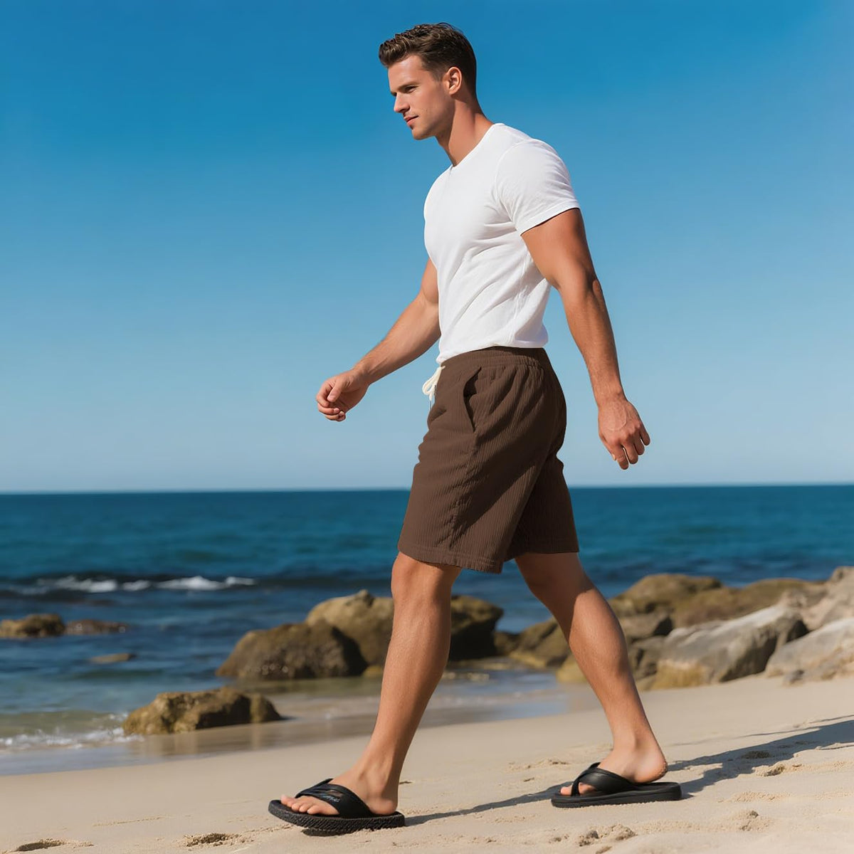 Mens Cargo Shorts Casual Drawstring Elastic Waist Corduroy Summer Beach Shorts with Pockets
