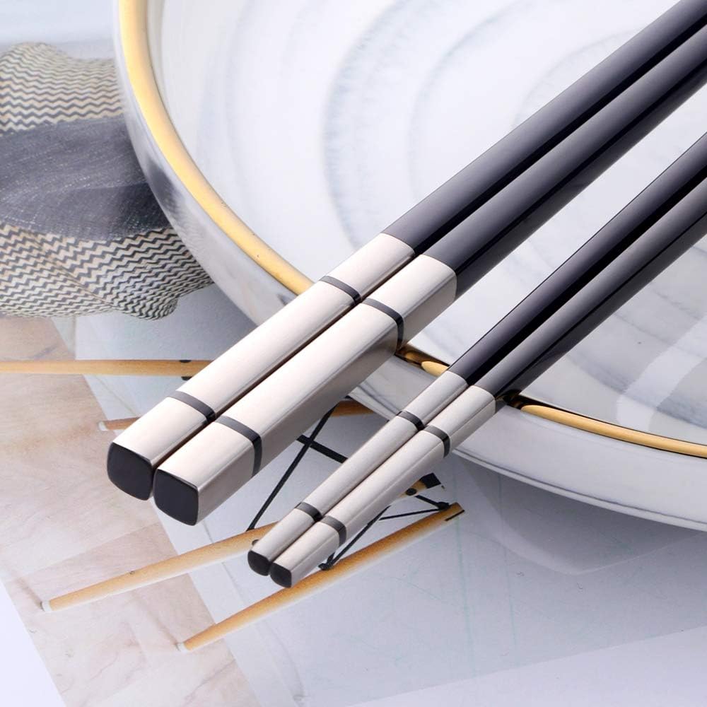 Buyer Star 5-Pair Black Stainless Steel Chopsticks - Metal Reusable Chinese Square Chopsticks
