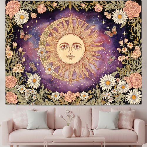 Vintage Sun and Moon Boho Hippie Purple Floral Tapestry 80 x 60 Inch