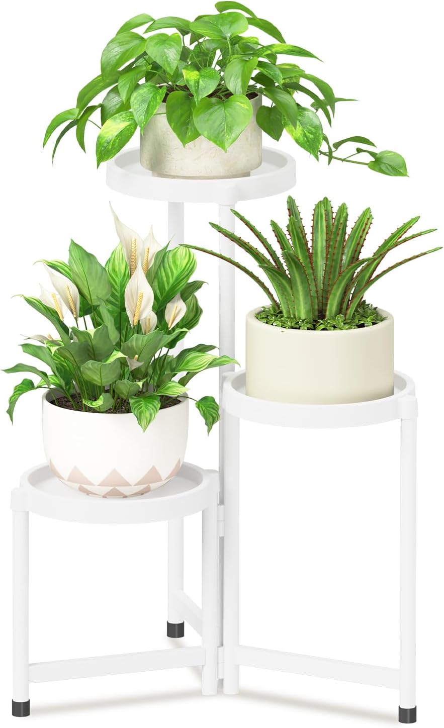 iDavosic.ly 3 Tier Folding Plant Stand Indoor Outdoor with Plastic Tray, Tiered Corner Flower Holder Shelf, Metal Orchid Display Rack for Patio Porch Living Room Garden Balcony, White