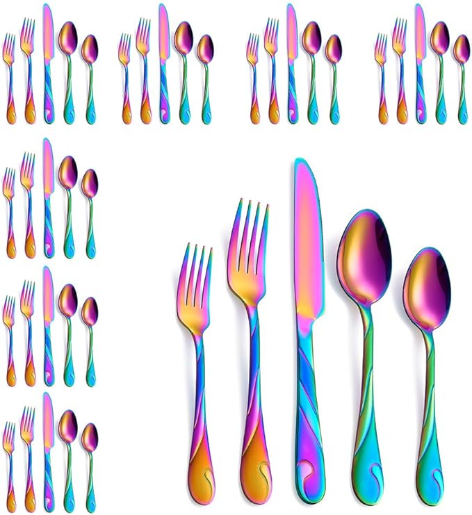 Rainbow Silverware Set for 8, 40-Piece Stainless Steel Flatware Set, Shiny Rainbow Metal Cutlery Set, Include Fork, Knife and Spoon Set, Dishwasher Safe