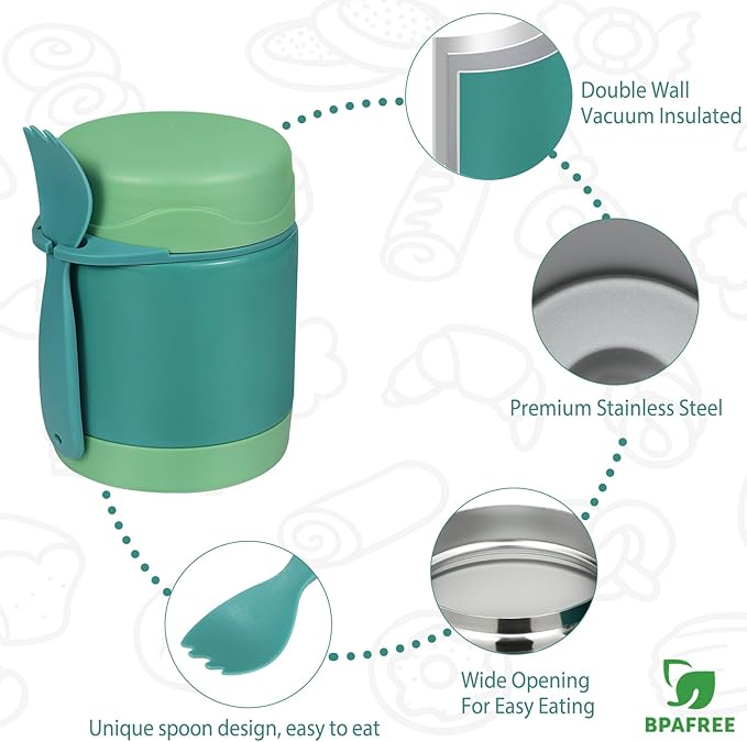 10oz Soup Thermo for Hot Food Kids,Lunch Thermo Kids Food Jar with Spoon Hot Insulated Food Containers,Leak Proof Stainless Steel Wide Mouth Lunch Thermo Jar for School(Green)