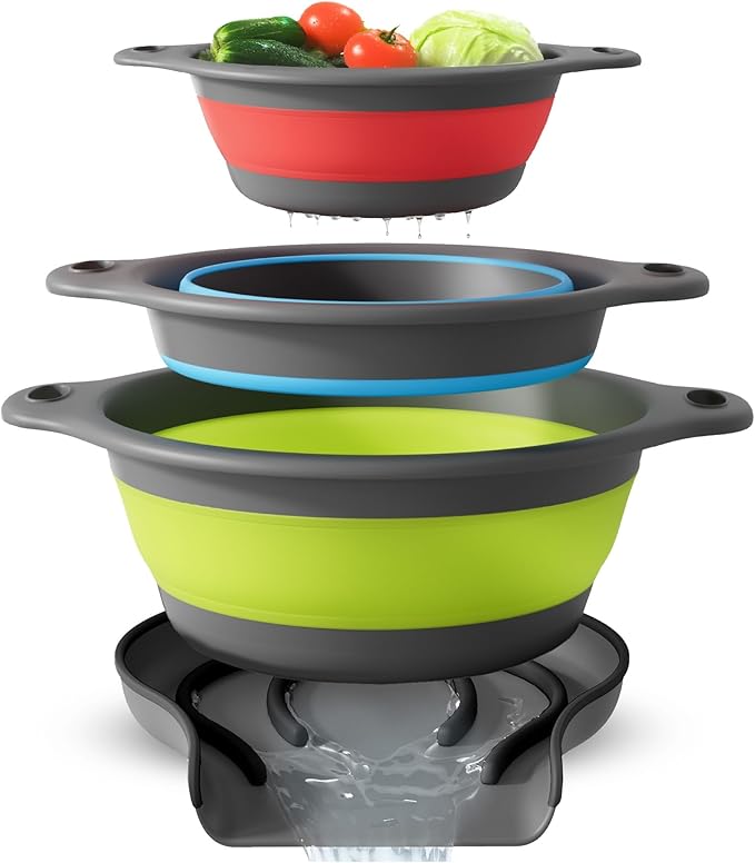 Collapsible Colanders with Self-Draining Base for Edge of Sink, Food Strainers (Small/Med/Large), Nested Design for Easy Storage (Red, Blue, Green) (4PC Set)