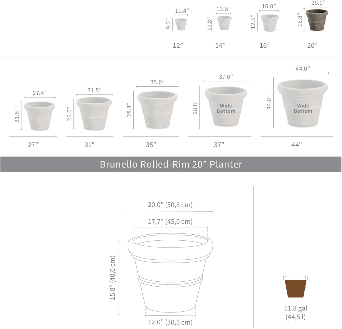 Crescent Garden Brunello Classic Rolled Rim Planter Pot, Indoor/Outdoor Plastic Round Plant Pot - Decorative Flower Pot - 20''W (Rust)