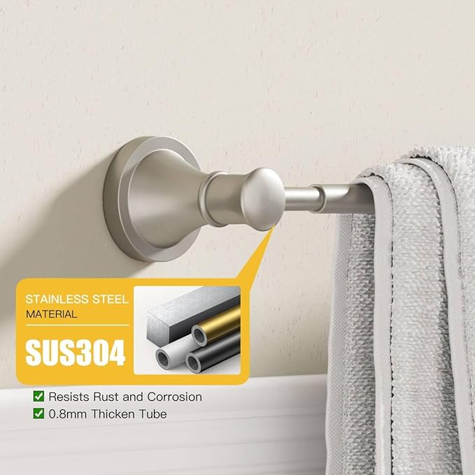 BESy Adjustable 16 to 26 Inch Bath Towel Bar Rack for Bathroom Towel Holder, Wall Mounted Towel Bar Rod Hanger Bathroom Hardware Accessories Hotel Style, Stainless Steel, Brushed Nickel
