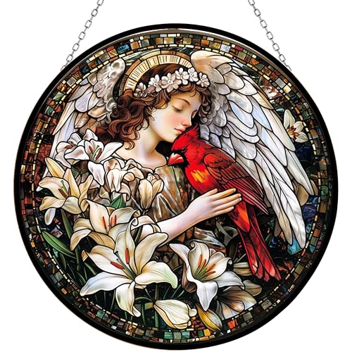 Angel with Red Cardinal Stained Glass Suncatcher Window Hangings