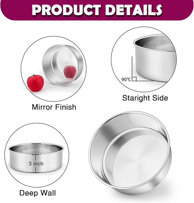 P&P CHEF 8 Inch Cake Pans Set, Round Baking Pan Stainless Steel Layer Birthday Wedding Cake Oven Pans, Non Toxic & Heavy Duty, Deep Side & Mirror Finish, Dishwasher Safe, (4Pcs)