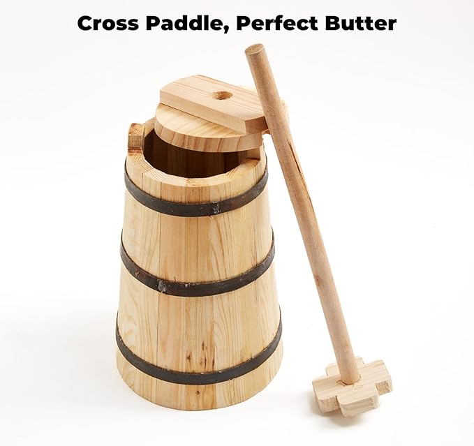 Butter Churner Old Fashioned Wooden-Style, 30 cm Tabletop Manual Dash Churn, 3 L / 3.2 Qt Capacity, Removable ~40 cm Plunger, Farmhouse Butter Maker for Home Kitchen, Hand-Operated Easy-Clean