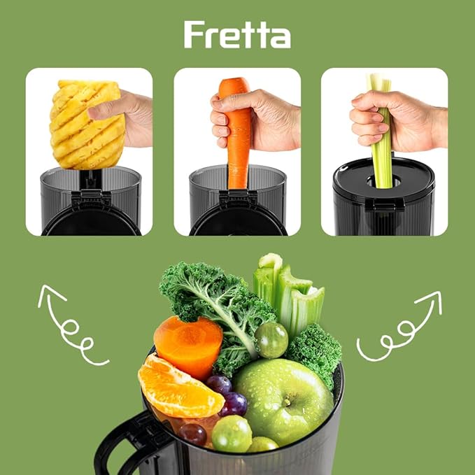 Cold Press Juicer Machines,Fretta Juicer Machines with PCTG Material from the USA,Fit Whole Fruits & Vegetables,Truly BPA-Free,Easy to Clean,Black
